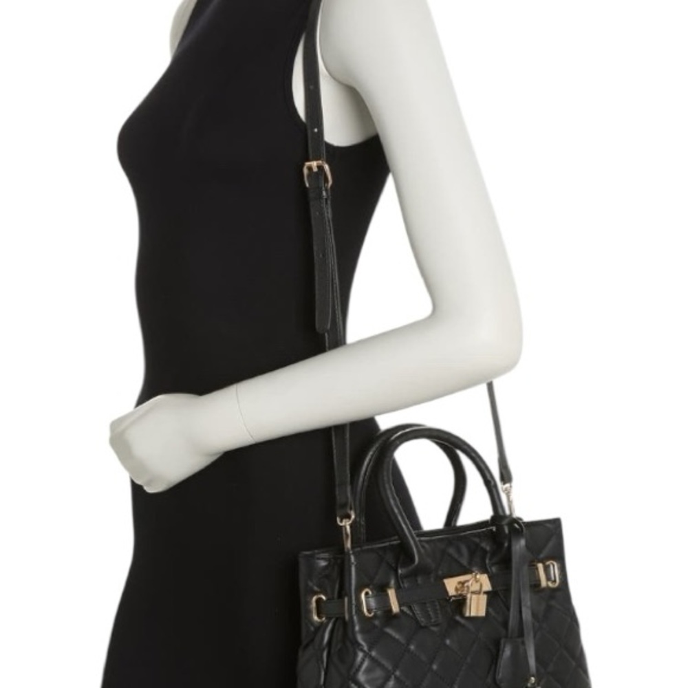 Badgley Mischka Black Diamond Quilted Satchel Gold Hardware Detail Crossbody - Picture 11 of 11